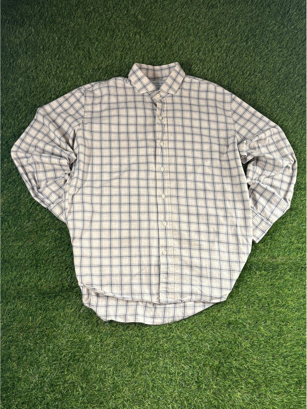 Vtg Ledbury Slim Fit XL White Blue Plaid Cotton Dress Shirt